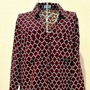 Express Burgundy & White Geometric Portofino Slim Button-Down Blouse